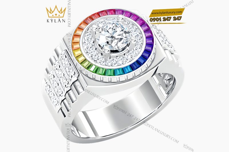 Nhẫn Rolex vàng trắng Au750 đính kim cương và đá quý Rainbow