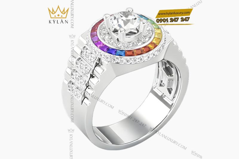 Nhẫn Rolex vàng trắng Au750 đính kim cương và đá quý Rainbow