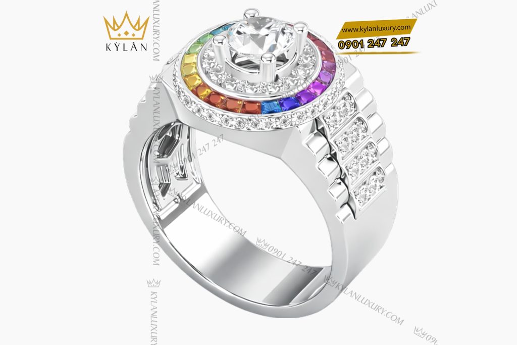 Kỳ Lân Luxury Nhan Rolex vang trang Au750 dinh kim cuong va da quy Rainbow 6 Nhẫn Rolex vàng trắng Au750 đính kim cương và đá quý Rainbow