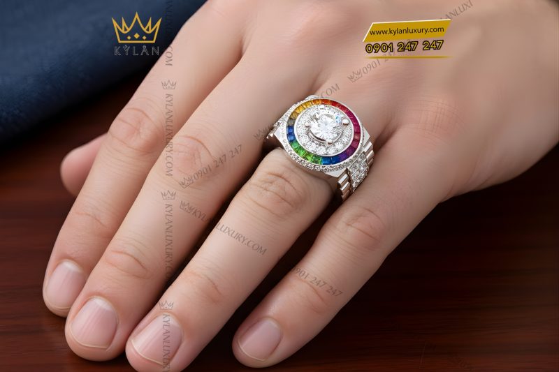 Nhẫn Rolex vàng trắng Au750 đính kim cương và đá quý Rainbow