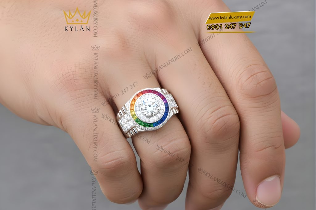 Nhẫn Rolex vàng trắng Au750 đính kim cương và đá quý Rainbow