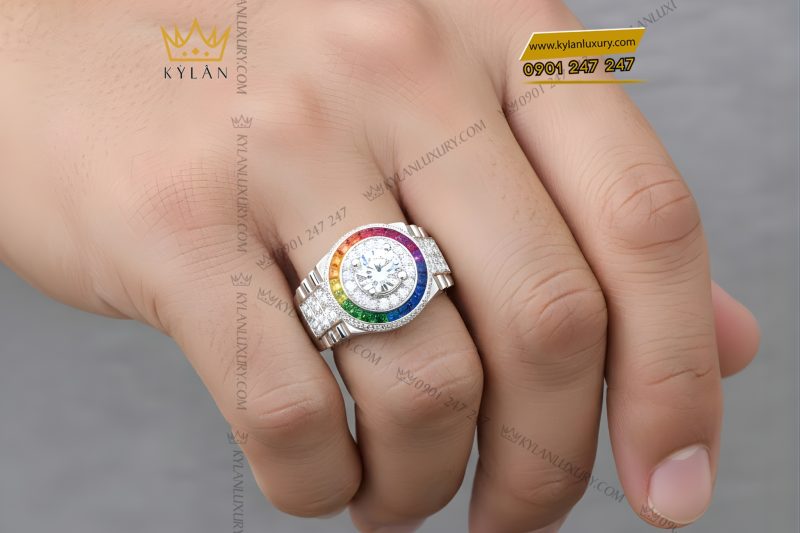Nhẫn Rolex vàng trắng Au750 đính kim cương và đá quý Rainbow