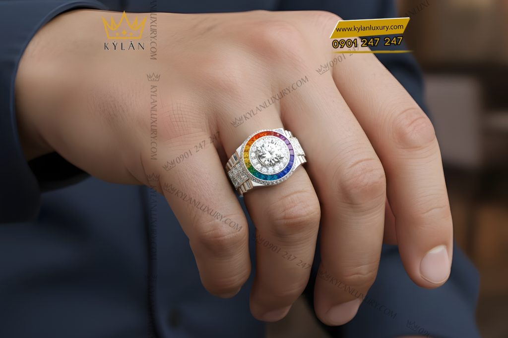 Kỳ Lân Luxury Nhan Rolex vang trang Au750 dinh kim cuong va da quy Rainbow 9 Nhẫn Rolex vàng trắng Au750 đính kim cương và đá quý Rainbow