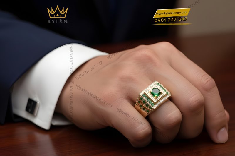 Nhẫn nam vàng Au750 đính kim cương và đá quý xanh