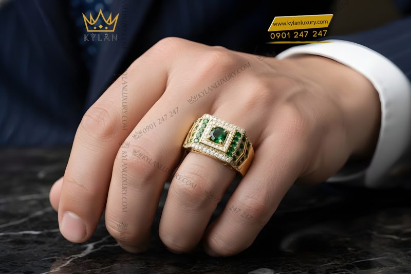Nhẫn nam vàng Au750 đính kim cương và đá quý xanh