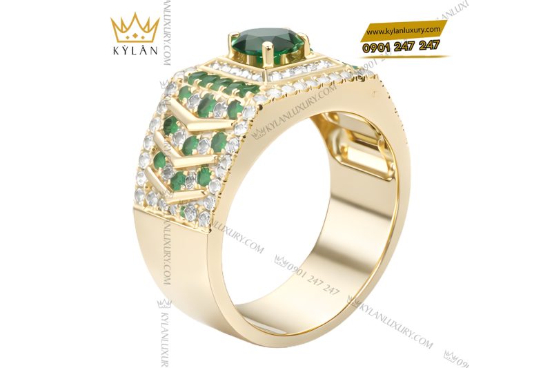 Nhẫn nam vàng Au750 đính kim cương và đá quý xanh