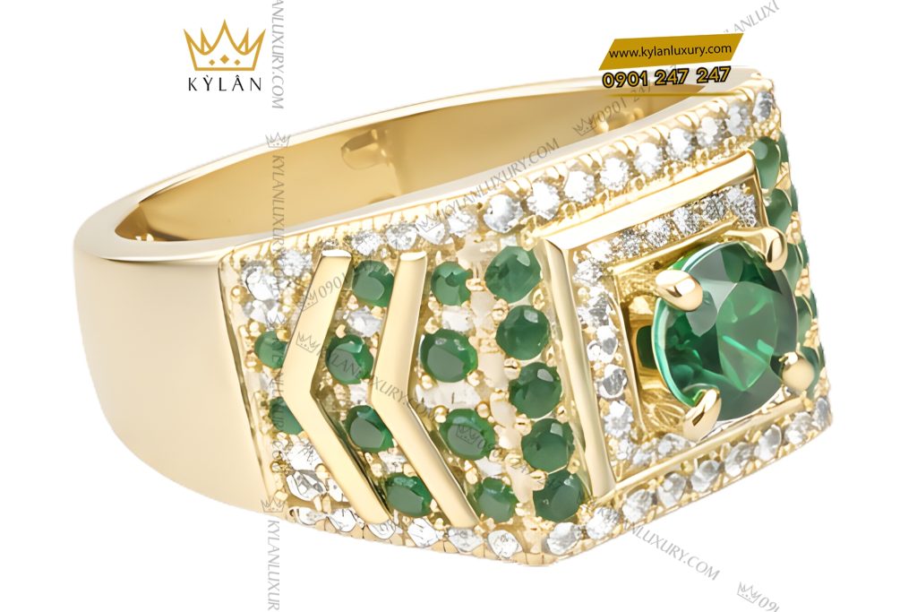 Kỳ Lân Luxury Nhan nam vang Au750 dinh kim cuong va da quy xanh 4 Nhẫn nam vàng Au750 đính kim cương và đá quý xanh