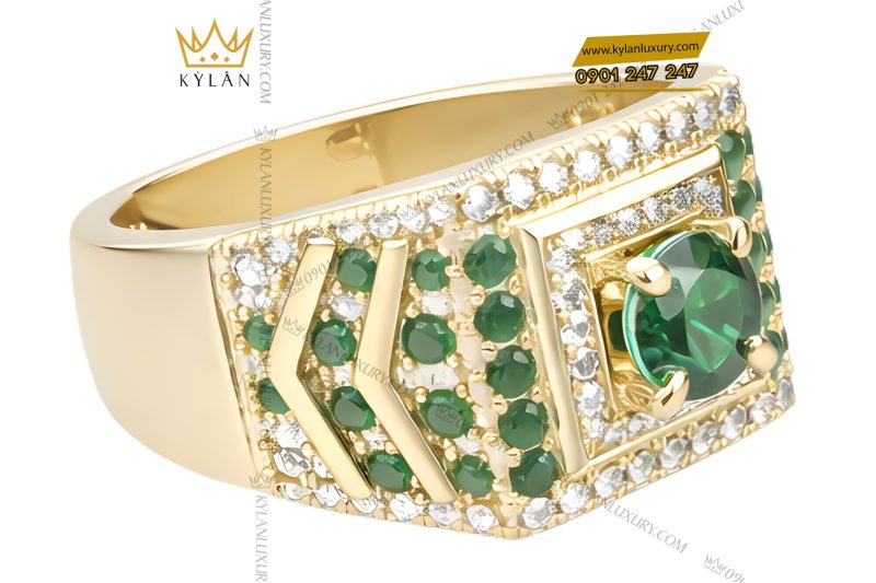 Nhẫn nam vàng Au750 đính kim cương và đá quý xanh