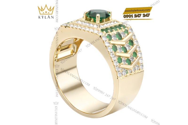 Nhẫn nam vàng Au750 đính kim cương và đá quý xanh
