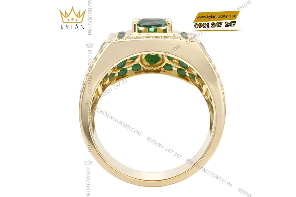 Nhẫn nam vàng Au750 đính kim cương và đá quý xanh