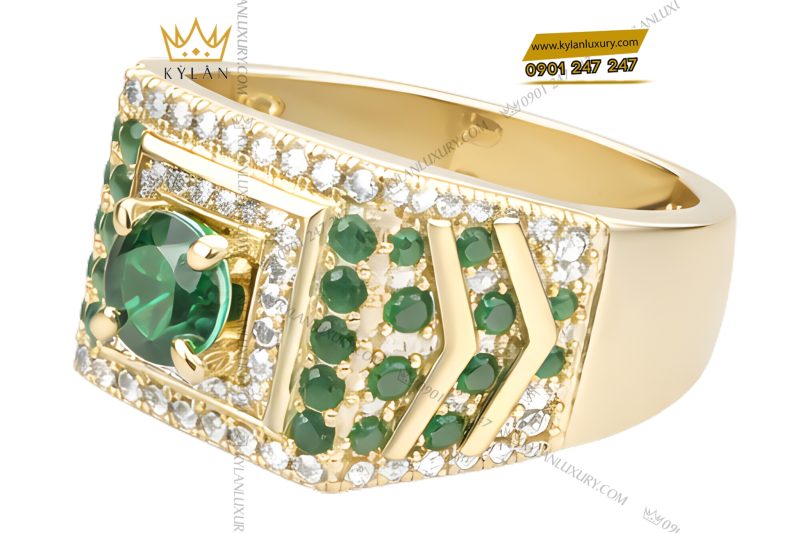 Nhẫn nam vàng Au750 đính kim cương và đá quý xanh
