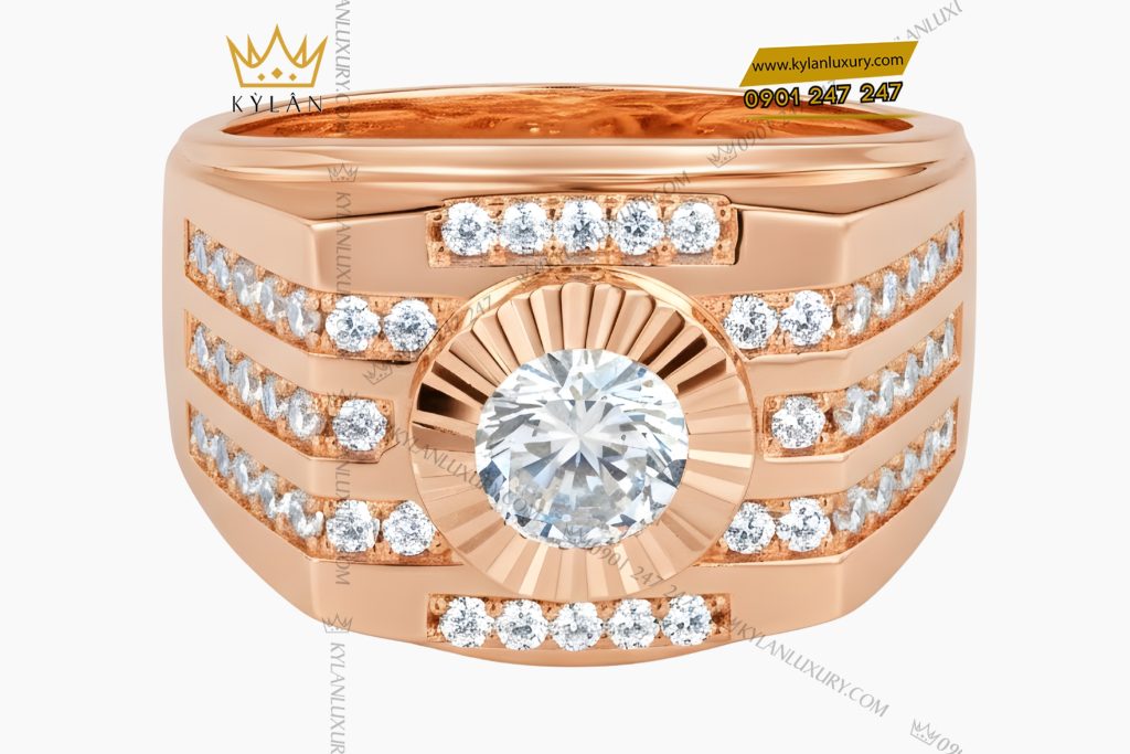 Nhẫn nam vàng hồng Au750 đính kim cương
