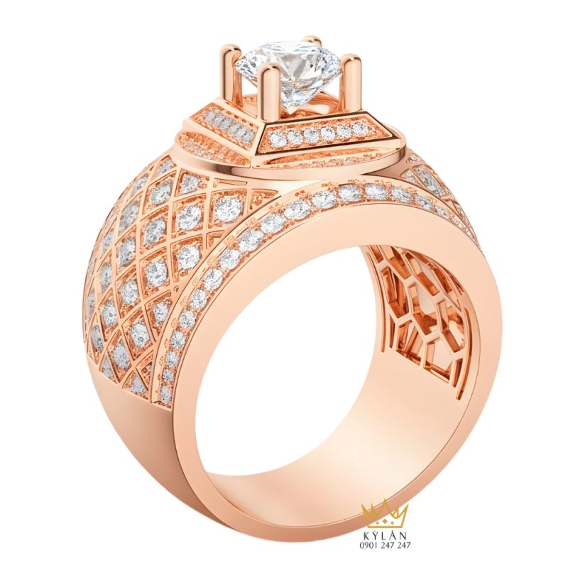 Nhẫn nam vàng hồng Au750 đính kim cương