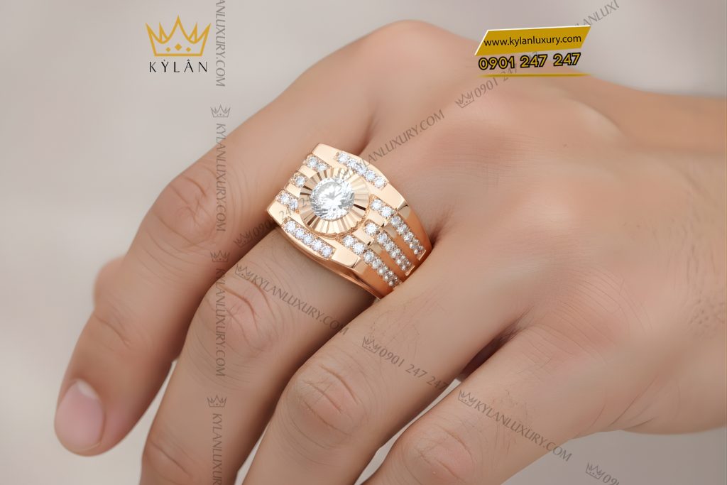 Nhẫn nam vàng hồng Au750 đính kim cương