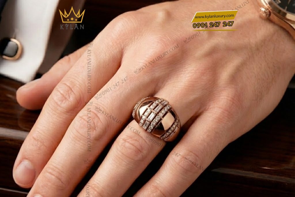 Nhẫn nam vàng hồng Au750 đính kim cương