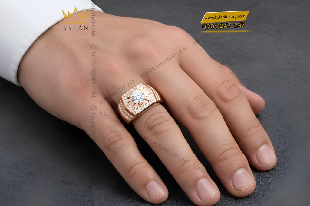 Nhẫn nam vàng hồng Au750 đính kim cương