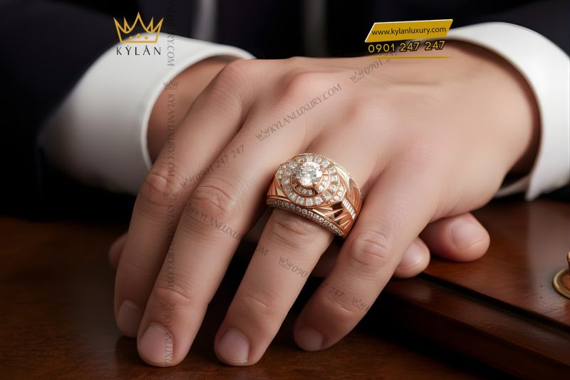 Nhẫn nam vàng hồng Au750 đính kim cương