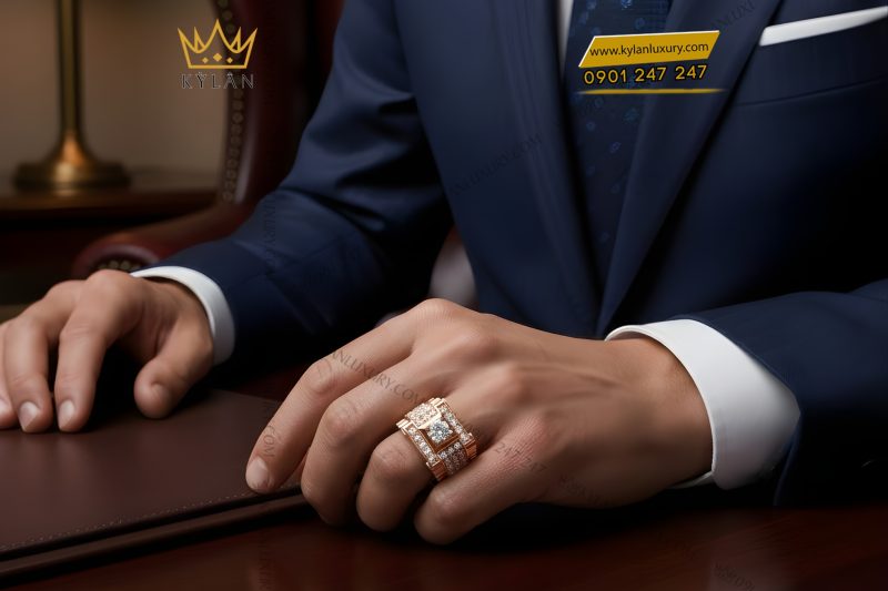 Nhẫn nam vàng hồng Au750 đính kim cương