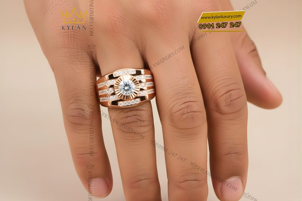 Kỳ Lân Luxury Nhan nam vang hong Au750 dinh kim cuong 11 1 Nhẫn nam vàng hồng Au750 đính kim cương