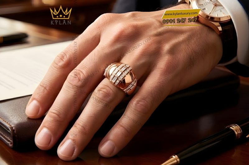 Nhẫn nam vàng hồng Au750 đính kim cương