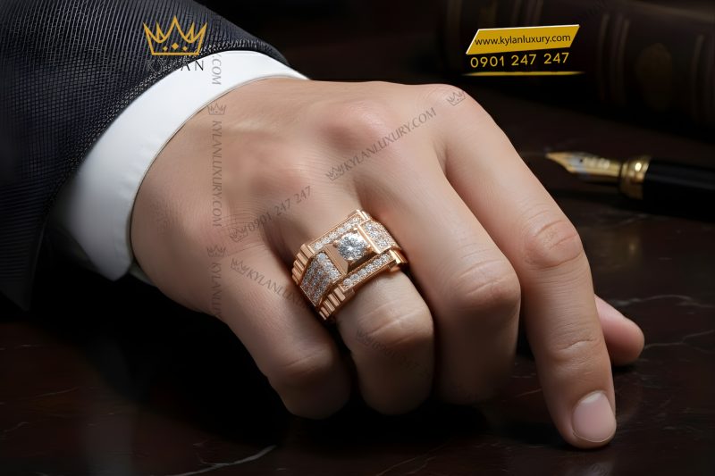 Nhẫn nam vàng hồng Au750 đính kim cương