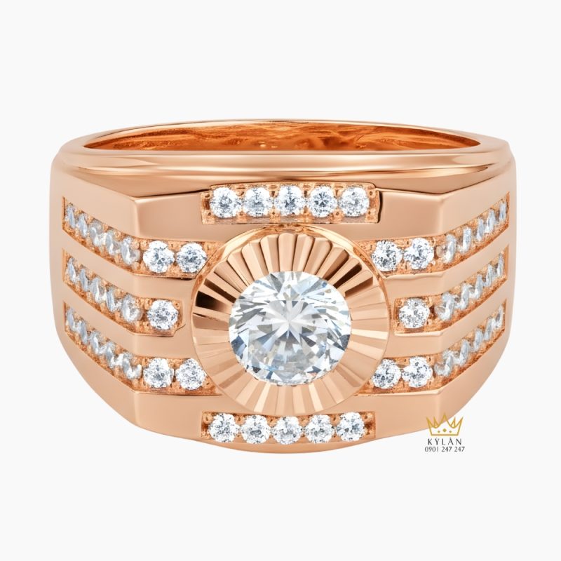 Nhẫn nam vàng hồng Au750 đính kim cương