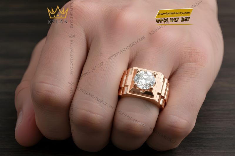 Nhẫn nam vàng hồng Au750 đính kim cương