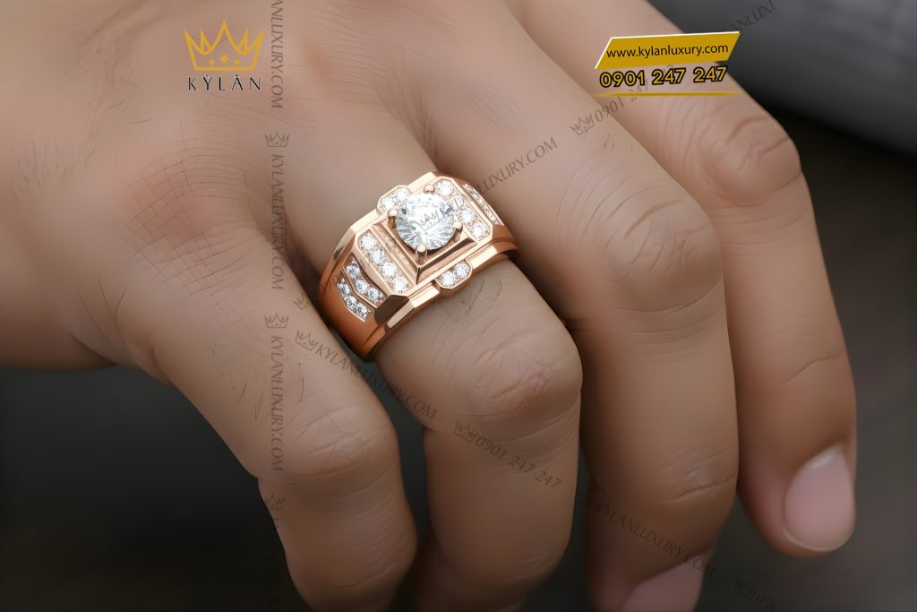 Nhẫn nam vàng hồng Au750 đính kim cương