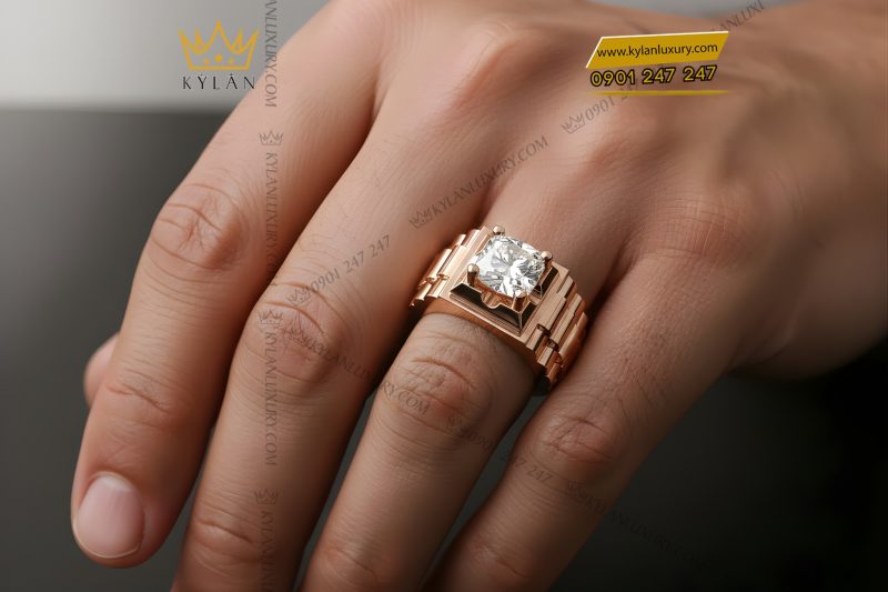 Nhẫn nam vàng hồng Au750 đính kim cương