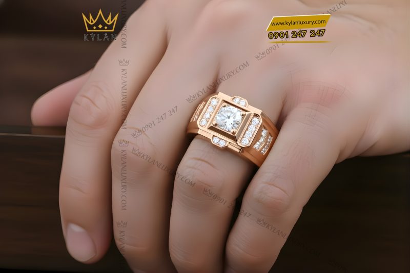 Nhẫn nam vàng hồng Au750 đính kim cương