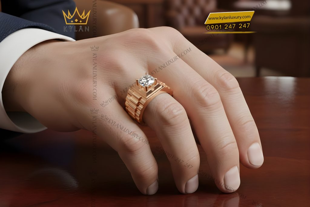 Nhẫn nam vàng hồng Au750 đính kim cương 6 Nhẫn nam vàng hồng Au750 đính kim cương