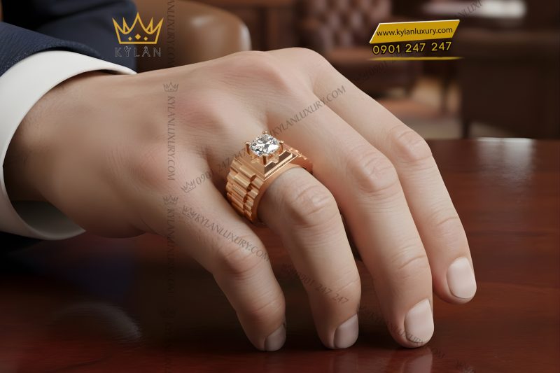 Nhẫn nam vàng hồng Au750 đính kim cương