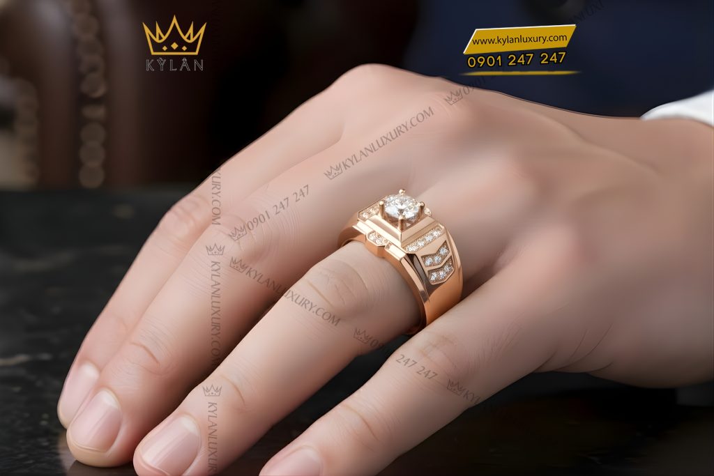Nhẫn nam vàng hồng Au750 đính kim cương