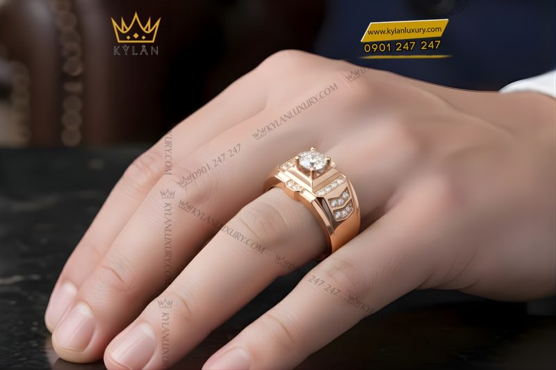 Nhẫn nam vàng hồng Au750 đính kim cương