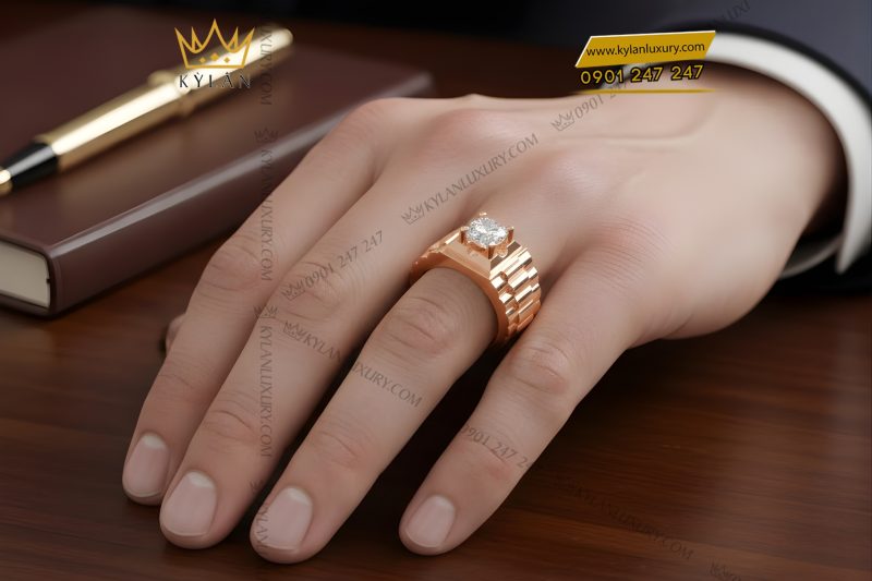 Nhẫn nam vàng hồng Au750 đính kim cương