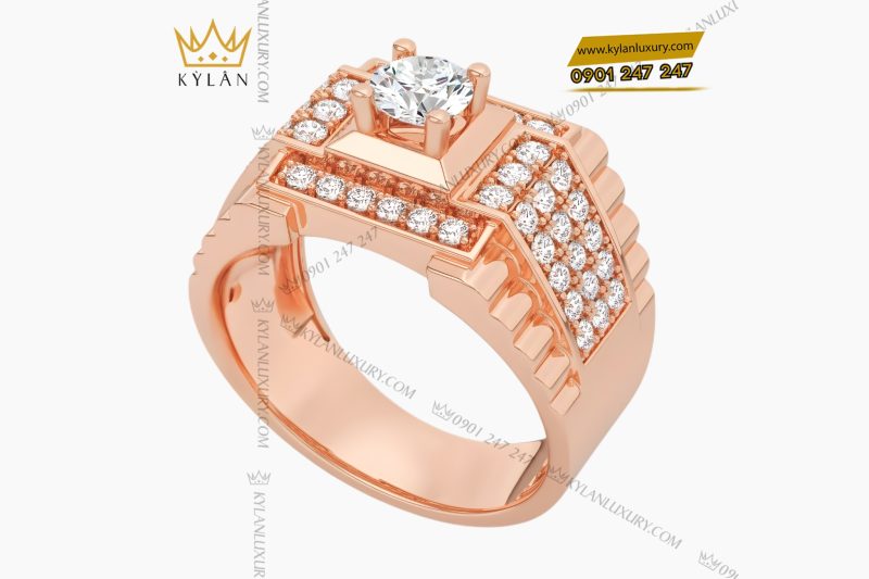Nhẫn nam vàng hồng Au750 đính kim cương