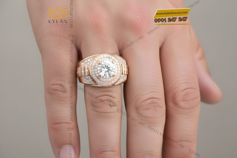 Nhẫn nam vàng hồng Au750 đính kim cương