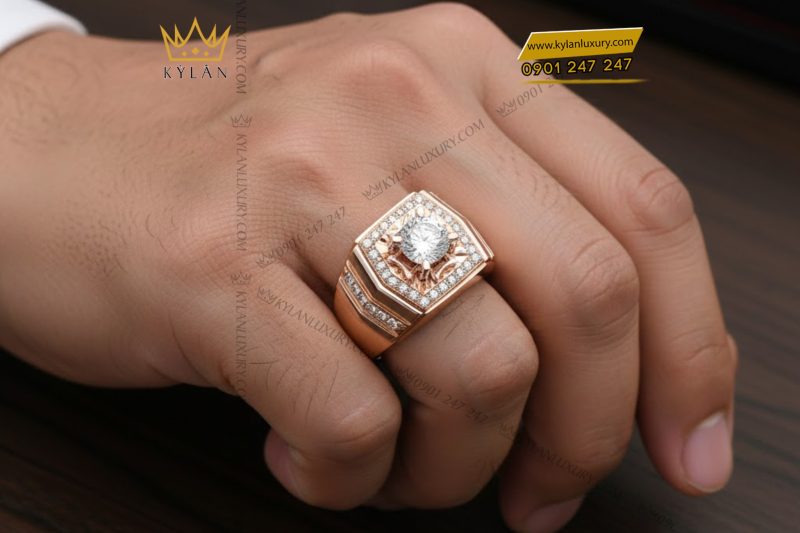 Nhẫn nam vàng hồng Au750 đính kim cương