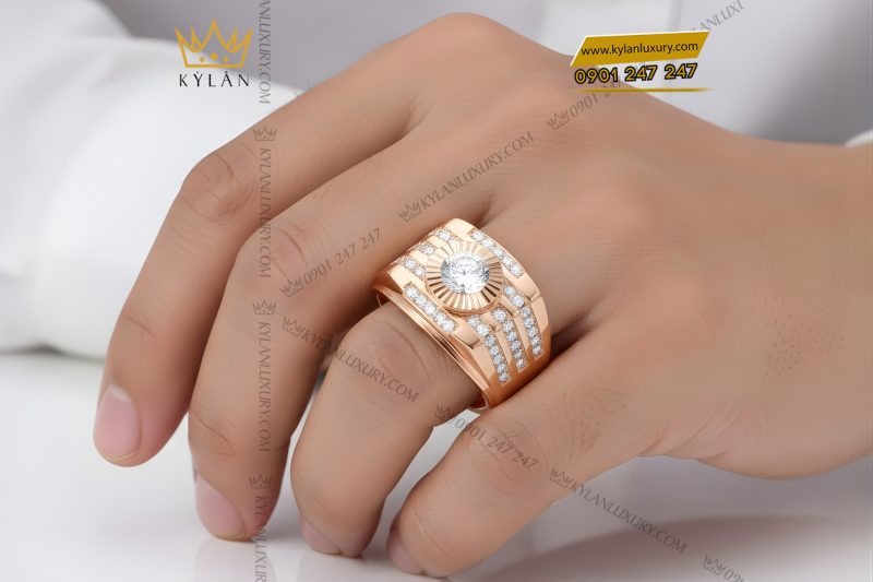 Nhẫn nam vàng hồng Au750 đính kim cương
