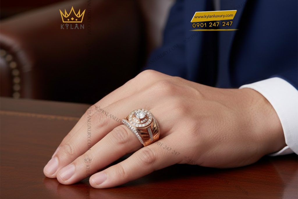 Nhẫn nam vàng hồng Au750 đính kim cương 4 Nhẫn nam vàng hồng Au750 đính kim cương