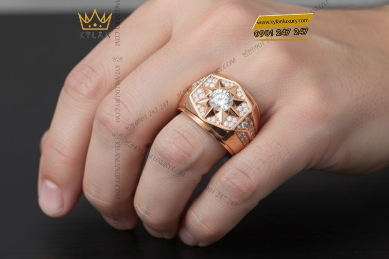 Nhẫn nam vàng hồng Au750 đính kim cương