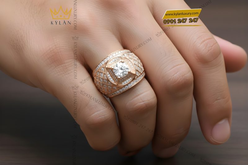 Nhẫn nam vàng hồng Au750 đính kim cương