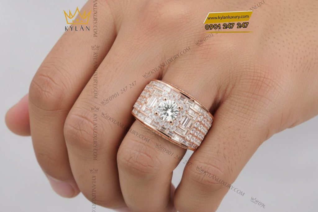 Nhẫn nam vàng hồng Au750 đính kim cương 5 Nhẫn nam vàng hồng Au750 đính kim cương