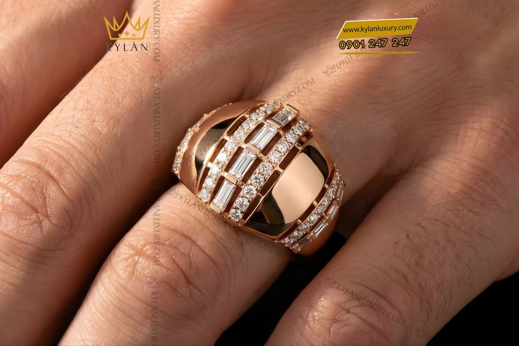 Nhẫn nam vàng hồng Au750 đính kim cương