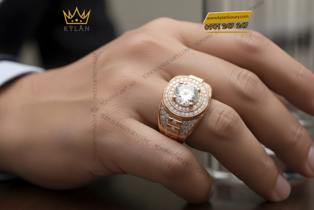 Nhẫn nam vàng hồng Au750 đính kim cương 5 Nhẫn nam vàng hồng Au750 đính kim cương