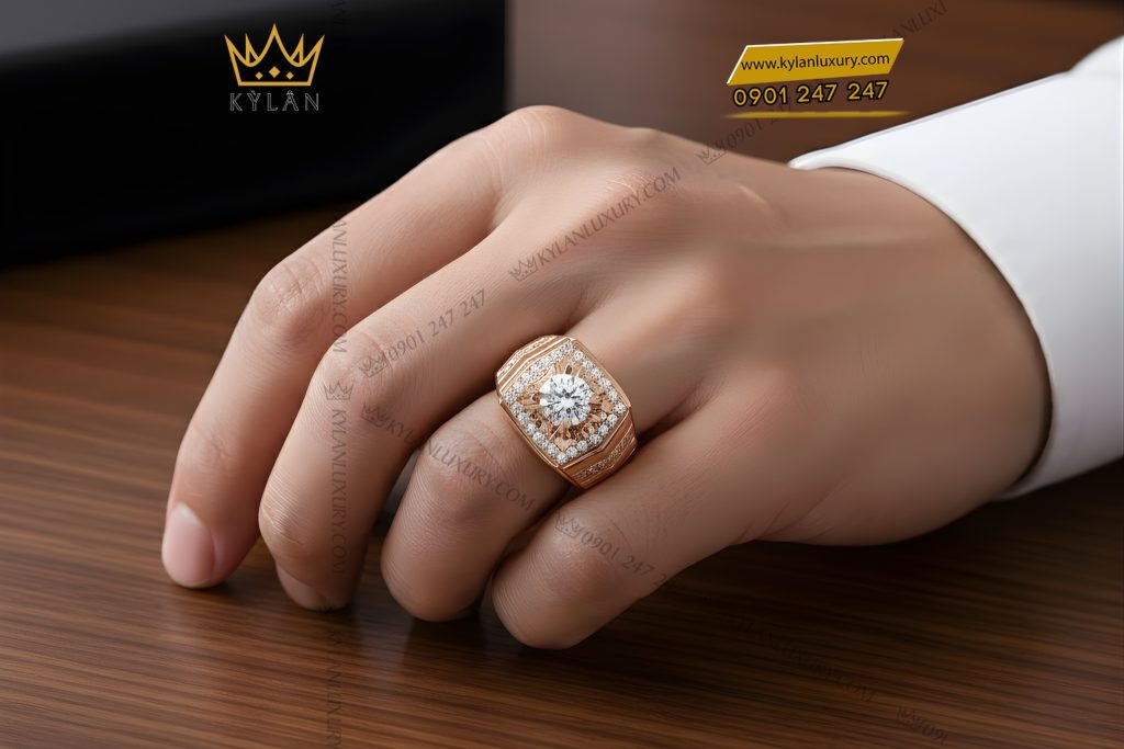 Nhẫn nam vàng hồng Au750 đính kim cương