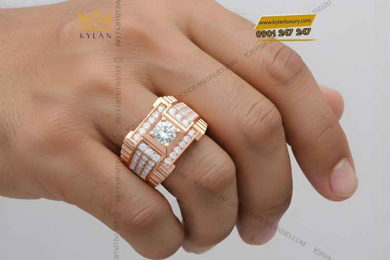 Nhẫn nam vàng hồng Au750 đính kim cương