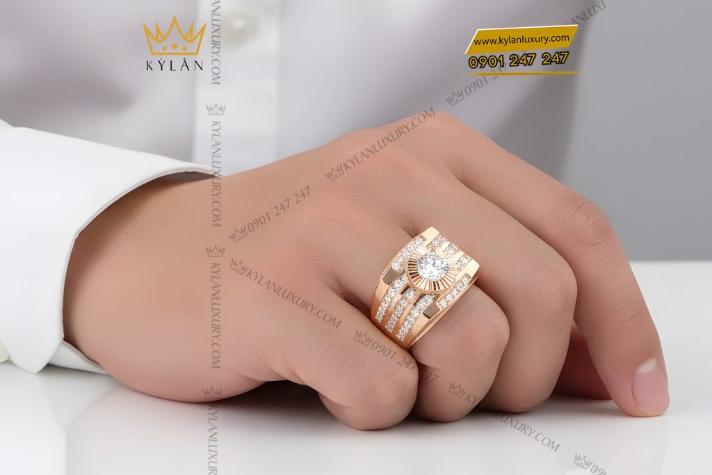 Kỳ Lân Luxury Nhan nam vang hong Au750 dinh kim cuong 9 1 Nhẫn nam vàng hồng Au750 đính kim cương