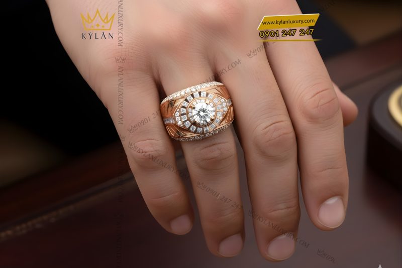 Nhẫn nam vàng hồng Au750 đính kim cương