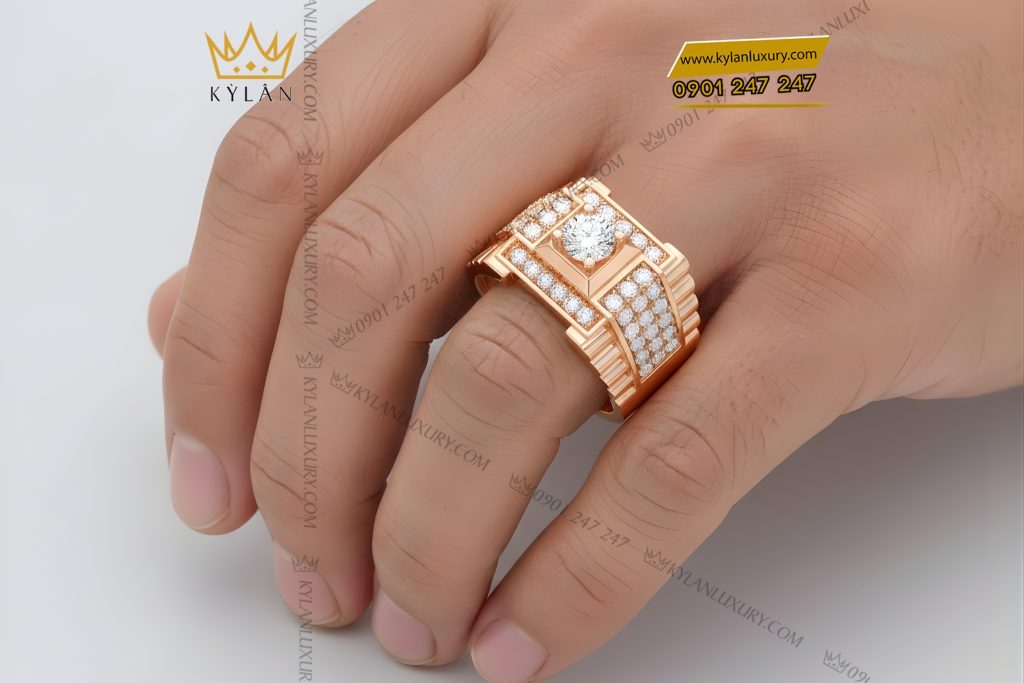 Nhẫn nam vàng hồng Au750 đính kim cương 6 Nhẫn nam vàng hồng Au750 đính kim cương